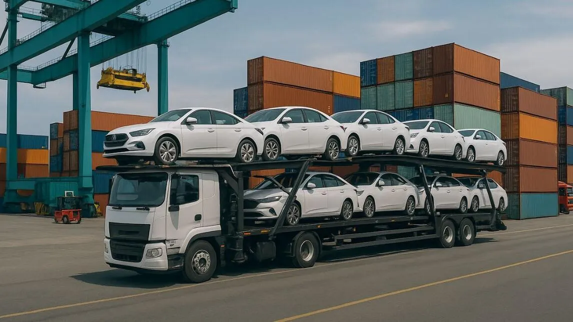 Car carrier truck delivering sedans to the port