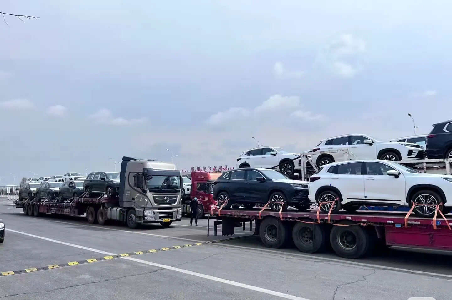 Car carriers loaded with vehicles for export