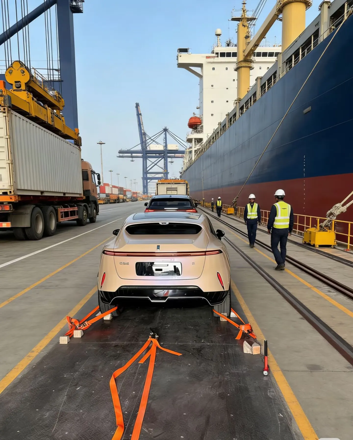 Vehicle being lashed at the port before shipping